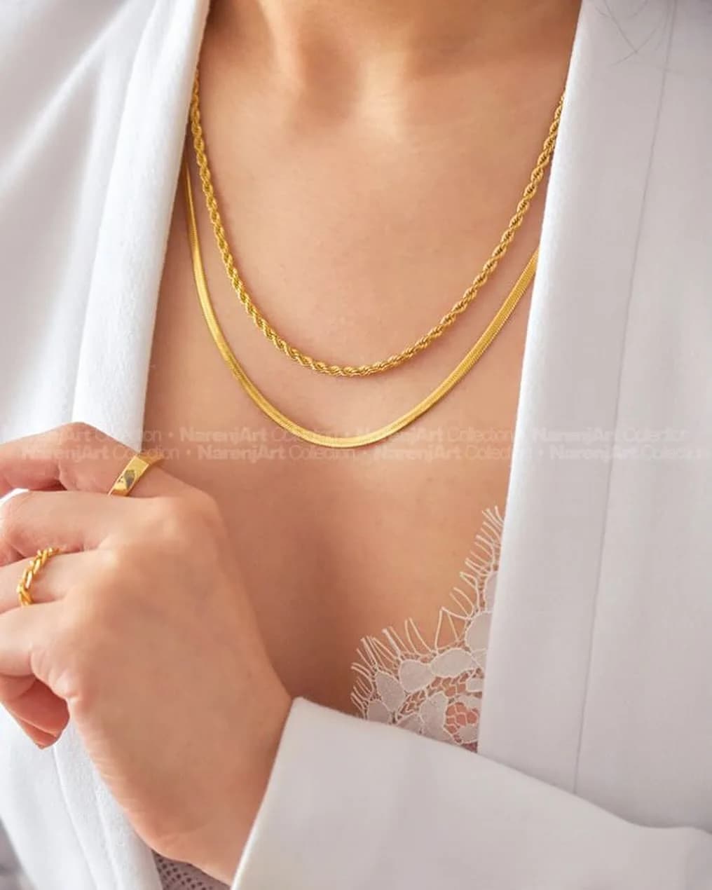 گردنبند دولاین استیل طلایی، جنس فلز، زنجیری، لوله‌ای