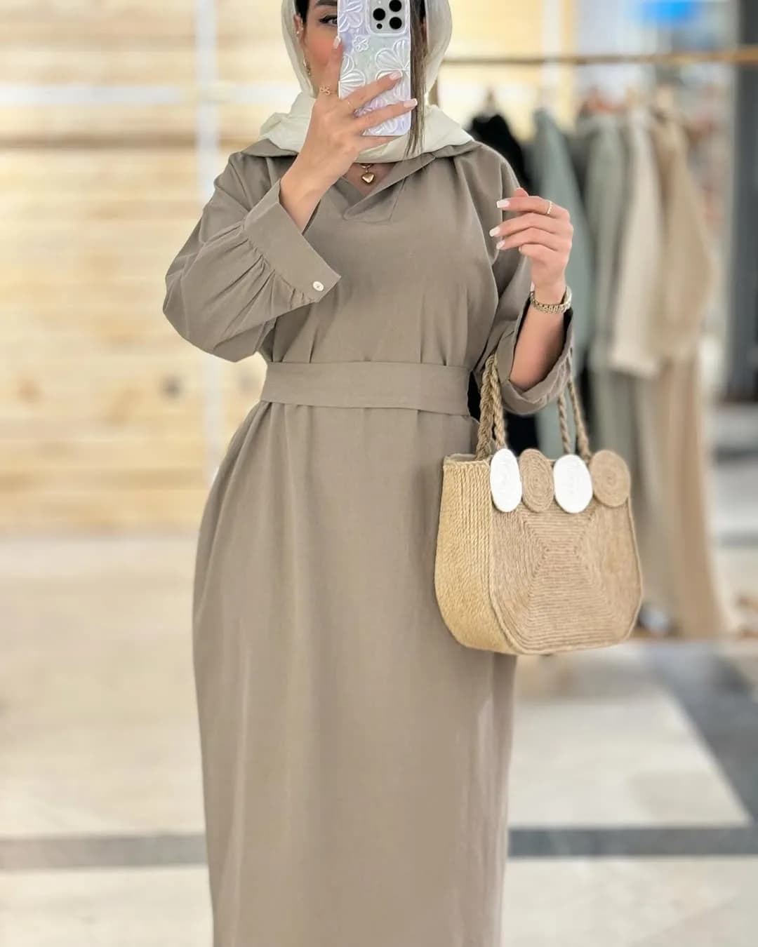 کفتان کمردار لینن — رنگ خاکی — نمای جزئیات — کمربنددار