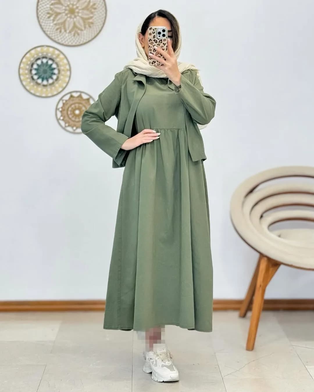کت سارافن لینن — رنگ زیتونی — نمای کامل — ست کت و سارافن