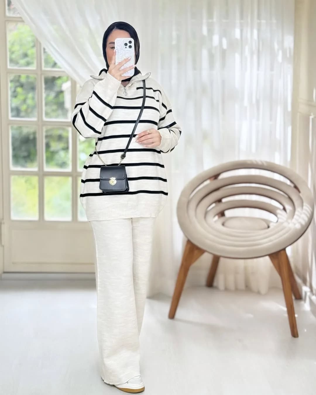 ست بافت راه راه پنبهای — رنگ شیری — نمای رویتن — راه راه
