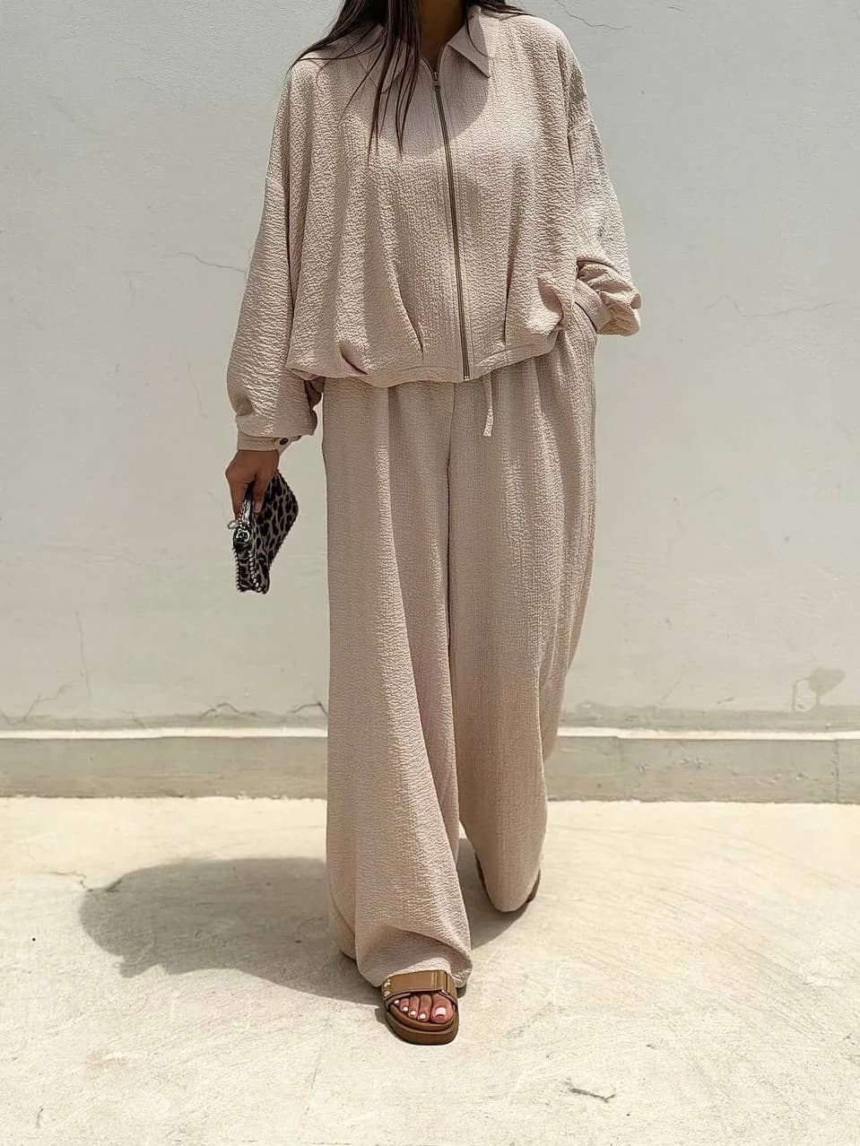 ست بامبر و شلوار جاناتان، رنگ کرم، کت کوتاه، شلوار گشاد