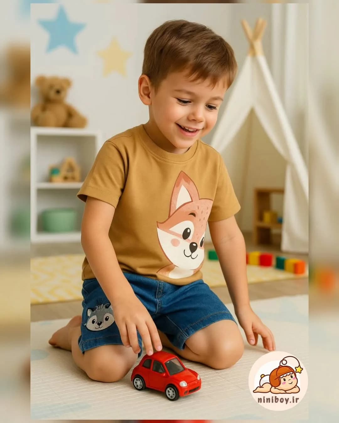ست تیشرت و شلوارک جین بچگانه، رنگ قهوهای، آبی و قرمز، جنس کتان، طرح طرح حیوانی، آستین کوتاه، یقه گرد