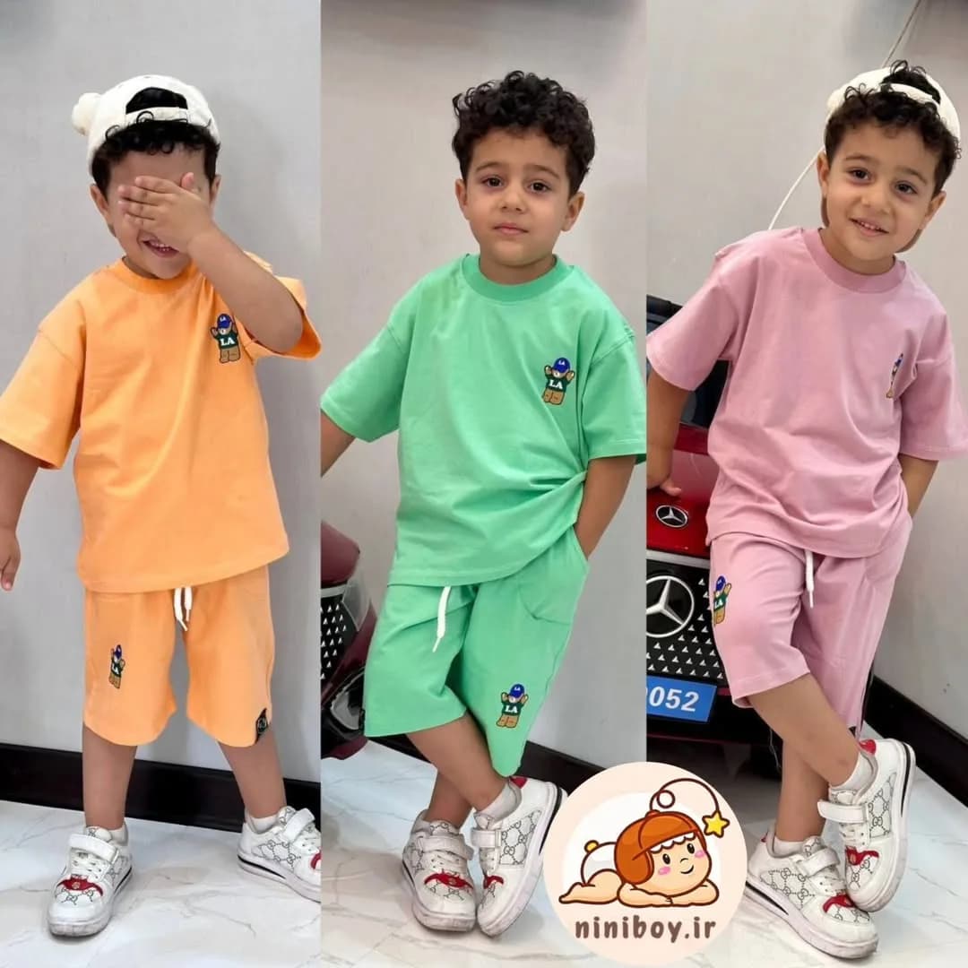 ست تیشرت و شلوارک تدی، رنگ نارنجی، سبز و صورتی، جنس کتان، کوتاه، یقه گرد، آستین کوتاه، آزاد