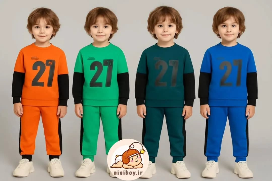 ست هودی و شلوار بچگانه، رنگ نارنجی، سبز و آبی، جنس دورس، هودی یقه گرد و شلوار