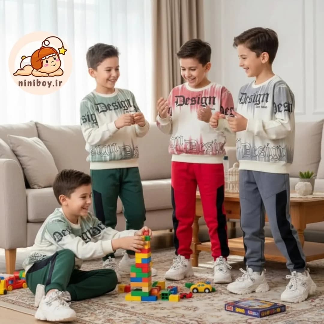 ست دورس و شلوار پاییزه بچگانه، رنگ سبز، سفید، قرمز و خاکستری، آستین بلند یقه گرد