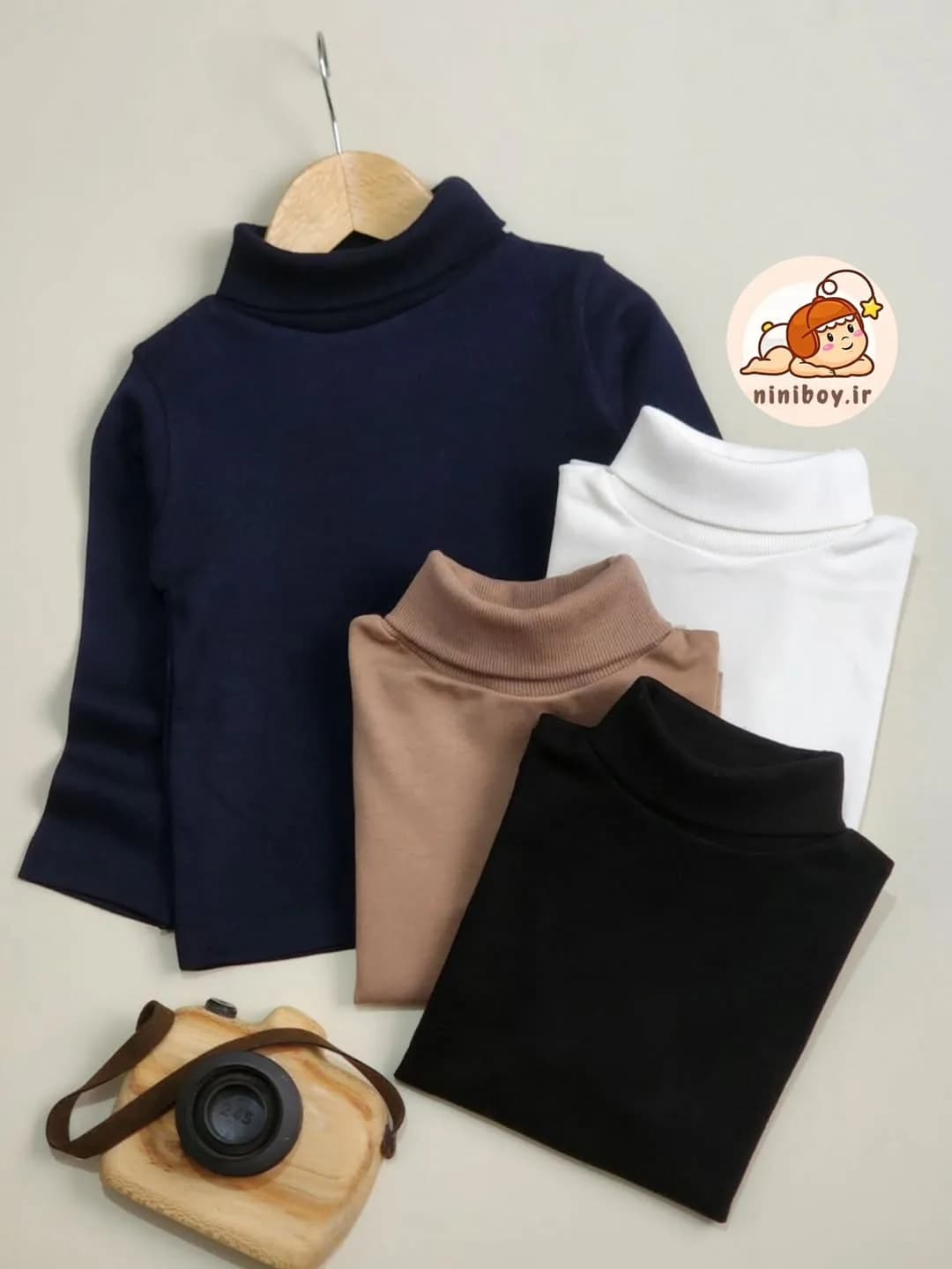 بلوز یقه اسکی بچگانه، رنگ سرمهای، سفید، کرم و مشکی، جنس بافتنی، آستینبلند، جذب