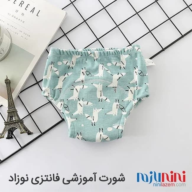 شورت آموزشی فانتزی نوزاد، رنگ آبی روشن و سفید، طرح شخصیت کارتونی، کمر کش، جذب