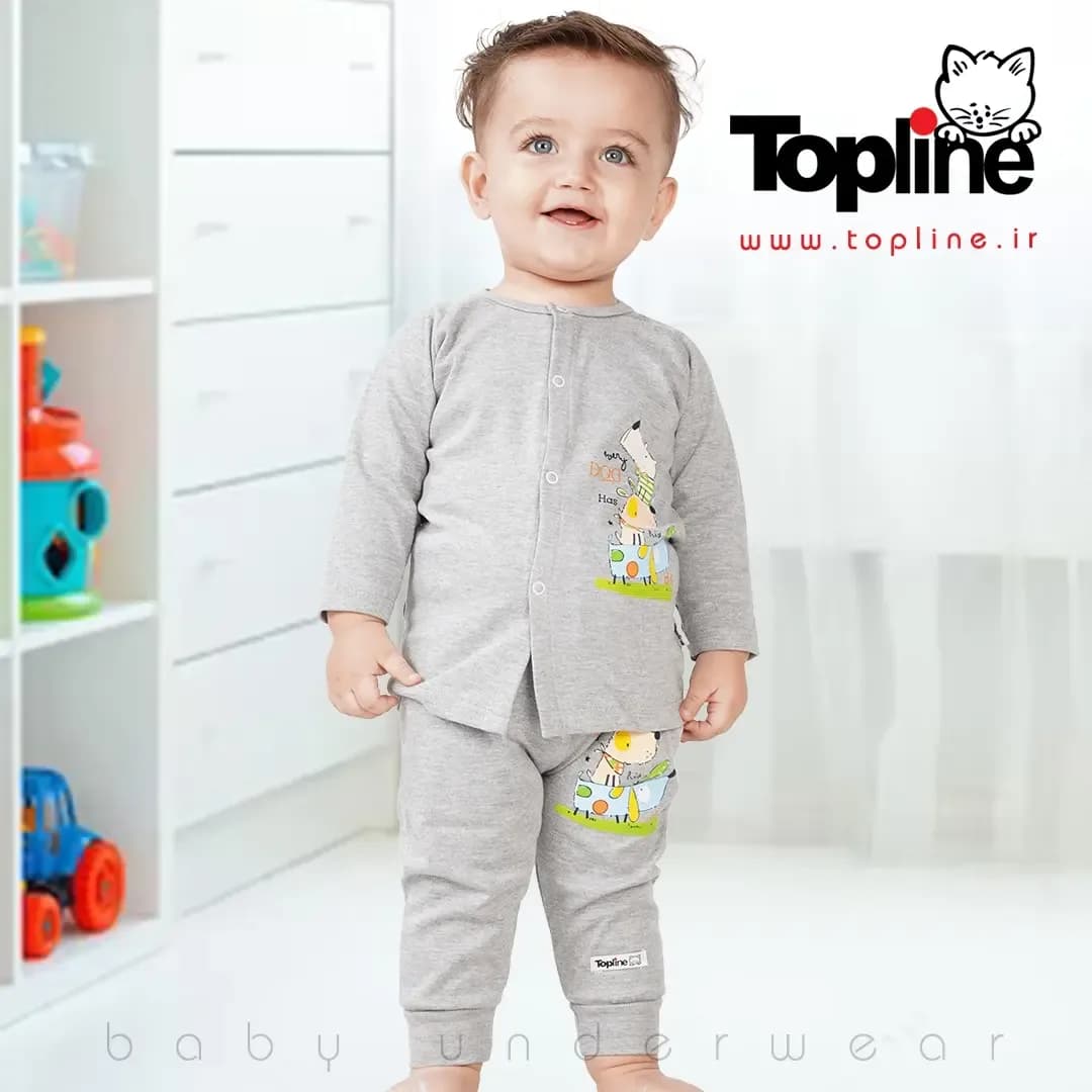 لباس نوزاد طرح سگ ۱۴ تکه تاپ لاین، رنگ خاکستری، جنس پارچه و نخی، طرح طرحدار، بلوز و شلوار دکمهدار