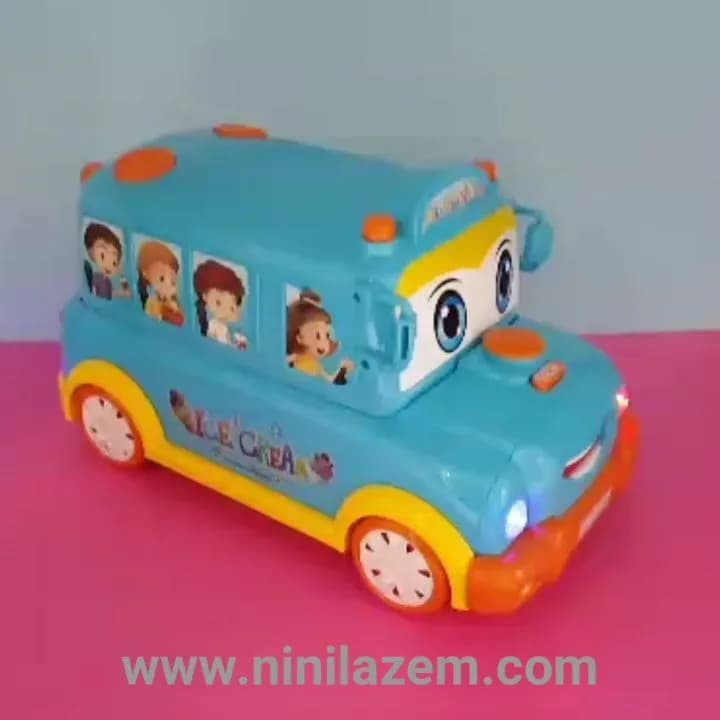 اسباب بازی اتوبوس موزیکال، رنگ آبی، زرد و نارنجی، جنس پلاستیک، طرح شخصیت کارتونی، اتوبوس بستنیفروشی