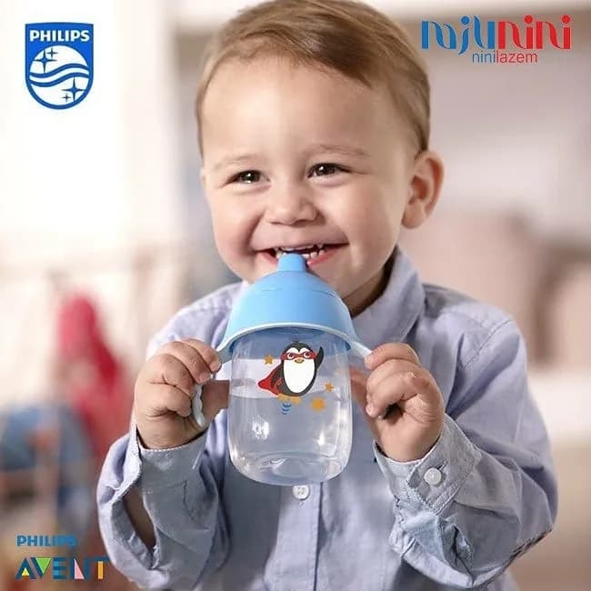 لیوان سوپاپدار ضدچکه طرح پنگوئن فیلیپس اونت، رنگ آبی و سفید، جنس پلاستیک، طرح شخصیت کارتونی، دستهدار طرح پنگوئن