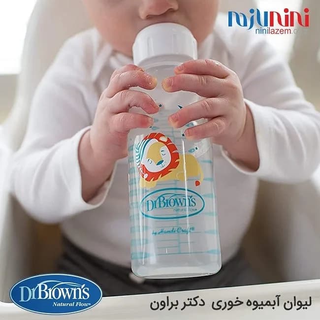 لیوان آبمیوه خوری دکتر براون، رنگ شفاف و سفید، جنس پلاستیک، طرح شخصیت کارتونی، استوانهای با دسته