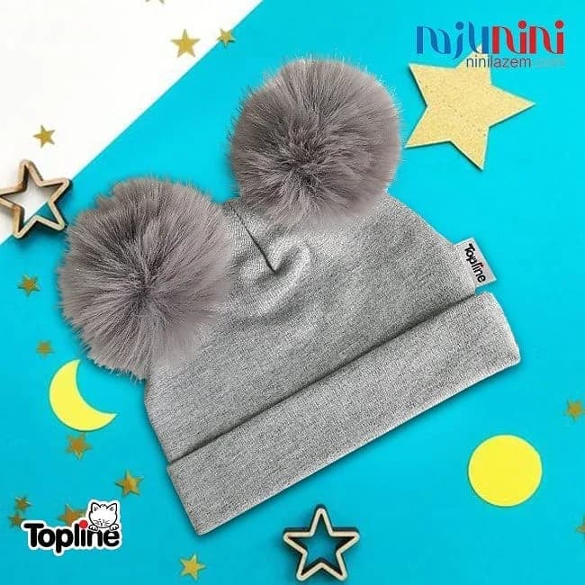 کلاه پوم پوم نوزاد تاپ لاین، رنگ خاکستری، جنس بافتنی، مدل پومپومدار
