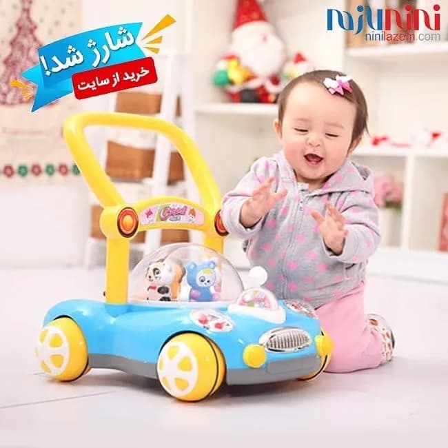 واکر ماشین موزیکال کودک، رنگ آبی و زرد، جنس پلاستیک، ماشین بازی، دسته دار