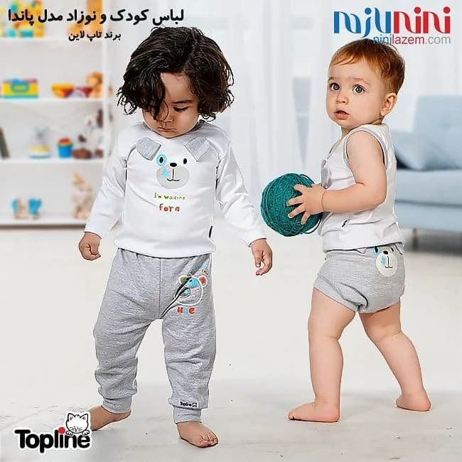 ست لباس کودک و نوزاد مدل پاندا تاپ لاین، رنگ سفید و خاکستری، طرح شخصیت کارتونی، بلوز آستین بلند و شلوار