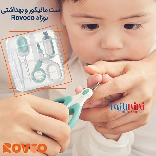 ست بهداشتی و مانیکور نوزاد رووکو، رنگ سبز و سفید، جنس پلاستیک و فلز، جعبهای شامل قیچی و ناخنگیر