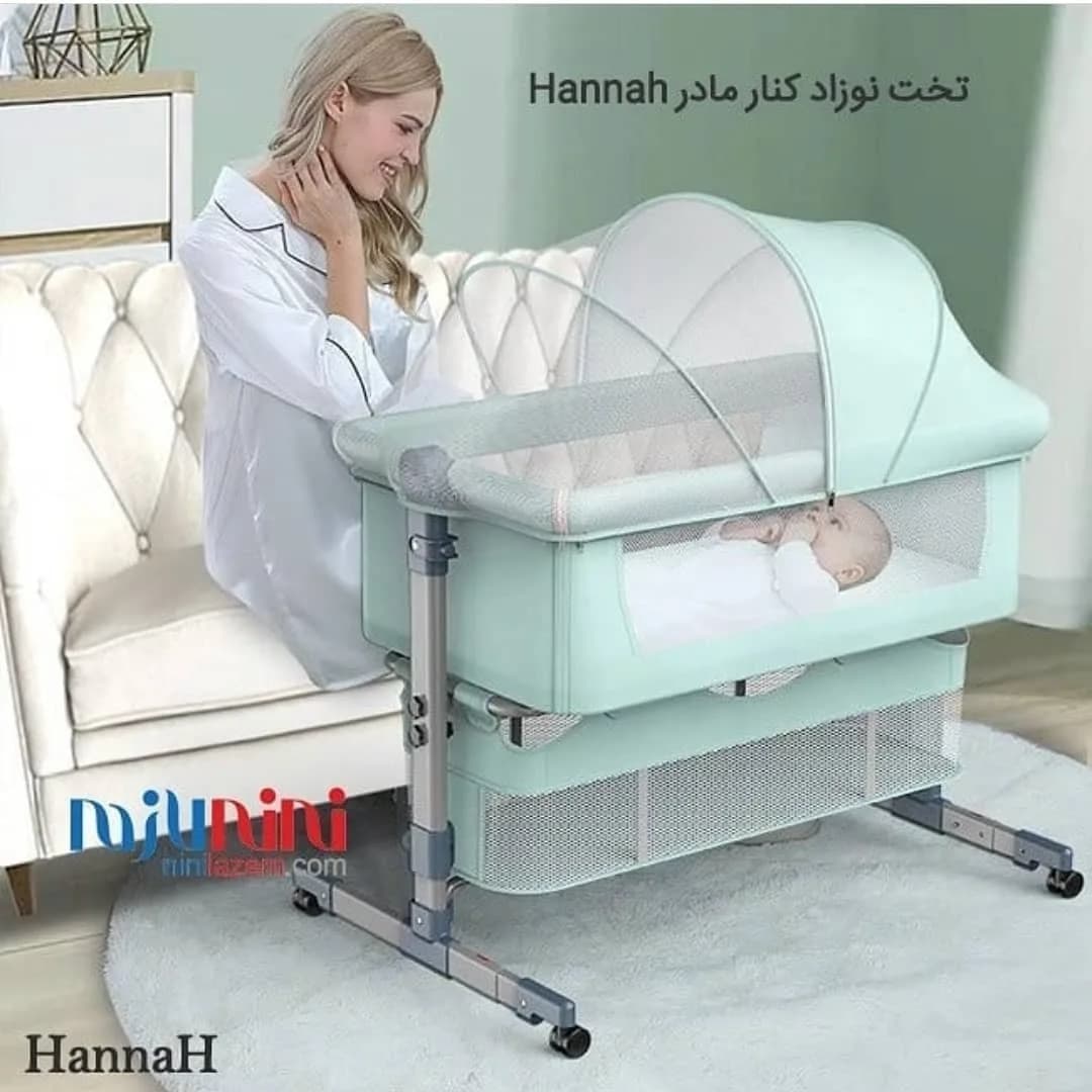 تخت کنار مادر گهوارهای هانا، رنگ سبز نعنایی و سفید، جنس پارچه و فلز، تاشو
