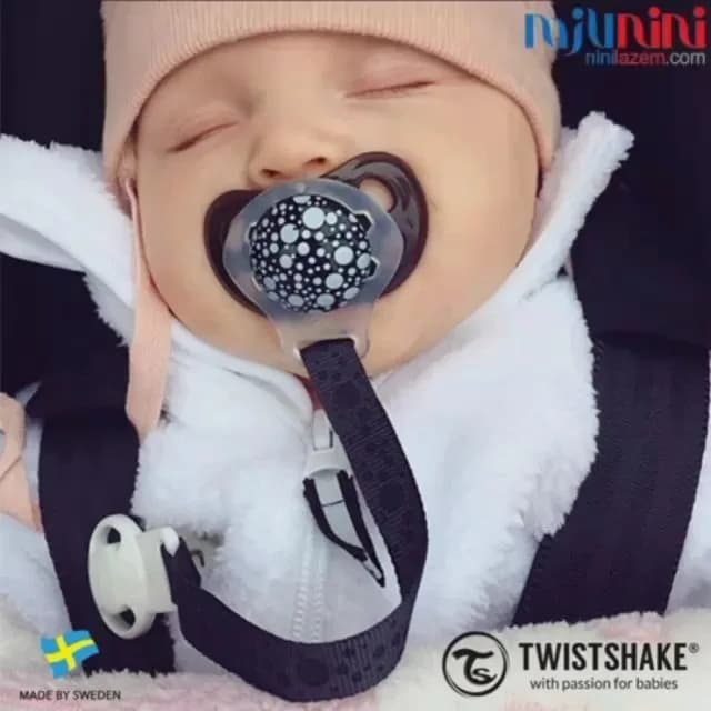 پستانک ارتودنسی دو عددی تویست شیک، رنگ مشکی و شفاف، جنس سیلیکون، گرد با بند