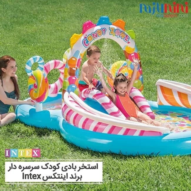 استخر بادی کودک سرسره دار Intex، رنگ آبی، صورتی، زرد و سبز، جنس پلاستیک، طرح شخصیت کارتونی، استخر همراه با سرسره