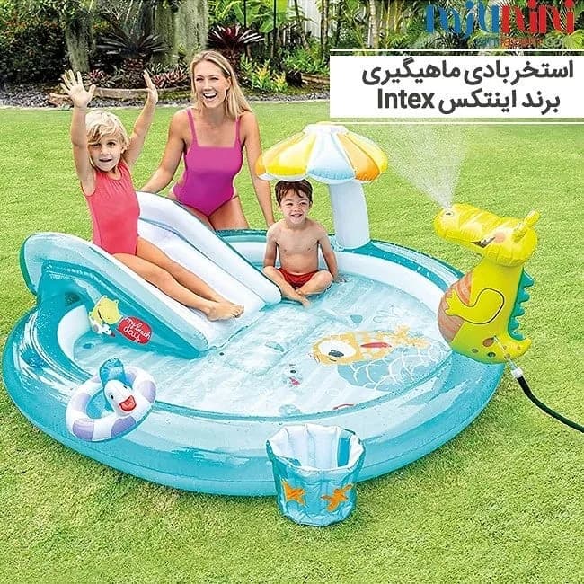 استخر بادی ماهیگیری کودک Intex، رنگ آبی، زرد و سفید، جنس پلاستیک، مستطیلی با سرسره