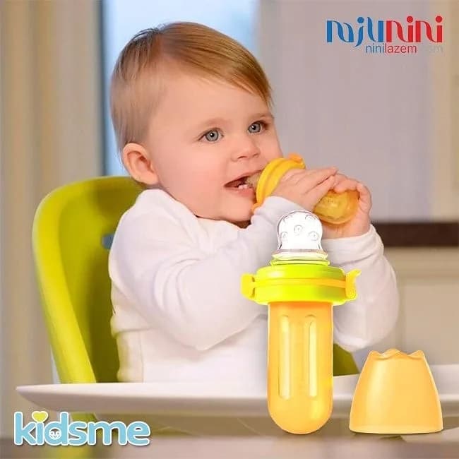 سرلاک خوری سیلیکونی با سری پستانکی Kidsme، رنگ زرد و نارنجی، جنس پلاستیک، سرسوزنی، دستهدار
