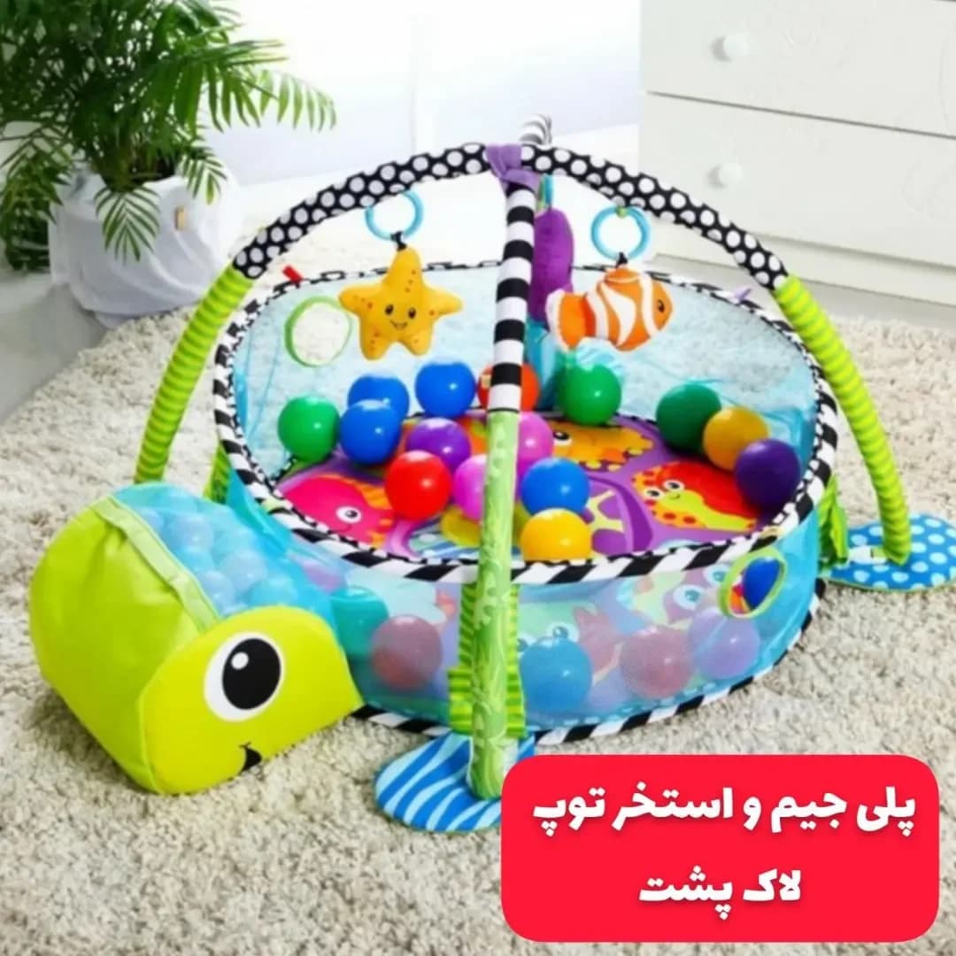 پلی جیم و استخر توپ مدل لاکپشت، رنگ سبز، آبی و رنگارنگ، طرح شخصیت کارتونی، دایرهای، همراه با قوس