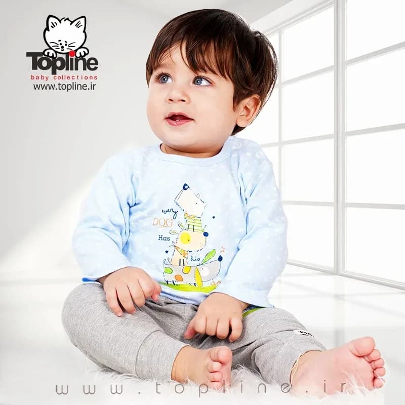 ست لباس نوزادی ۱۴ تکه Topline، رنگ آبی و خاکستری، طرح شخصیت کارتونی، بلوز آستین بلند و شلوار