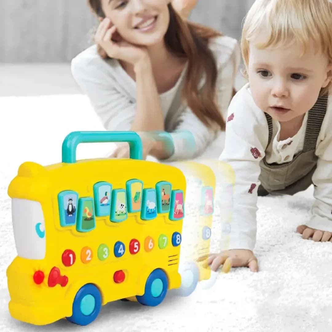 اسباب بازی اتوبوس حیوانات موزیکال Winfun، رنگ زرد و آبی، جنس پلاستیک، اتوبوس موزیکال