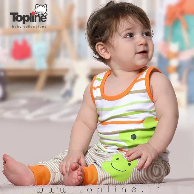 لباس نوزاد طرح قورباغه Topline، رنگ سفید، نارنجی و سبز، طرح راه‌راه و شخصیت کارتونی، رکابی، شلوار