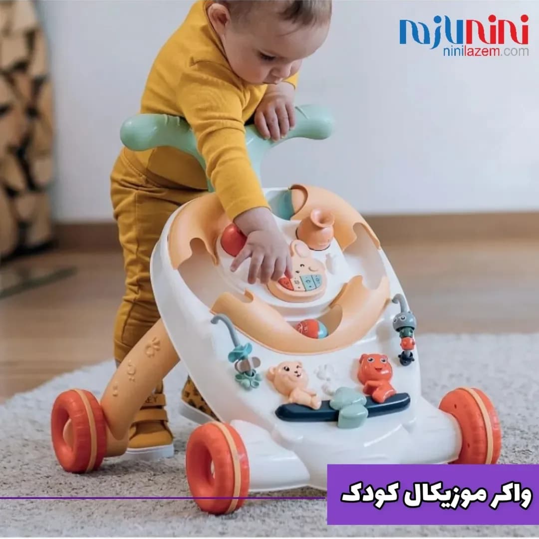 واکر موزیکال کودک، رنگ نارنجی، سفید و سبز، جنس پلاستیک، واکر و میز بازی