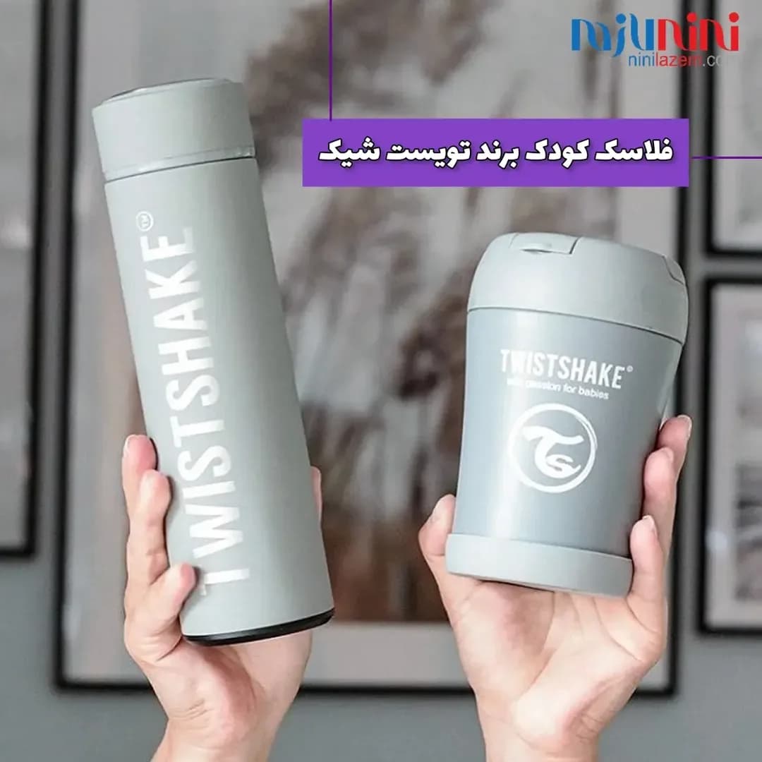 فلاسک غذای کودک با قاشق تویست شیک، رنگ خاکستری، جنس فلز، استوانهای