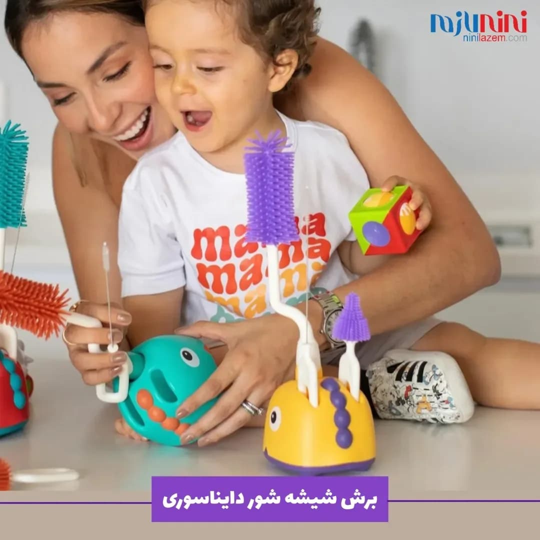 برس شیشه‌شور سیلیکونی دایناسور، رنگ زرد، فیروزه‌ای و بنفش، جنس پلاستیک، مدل دایناسوری