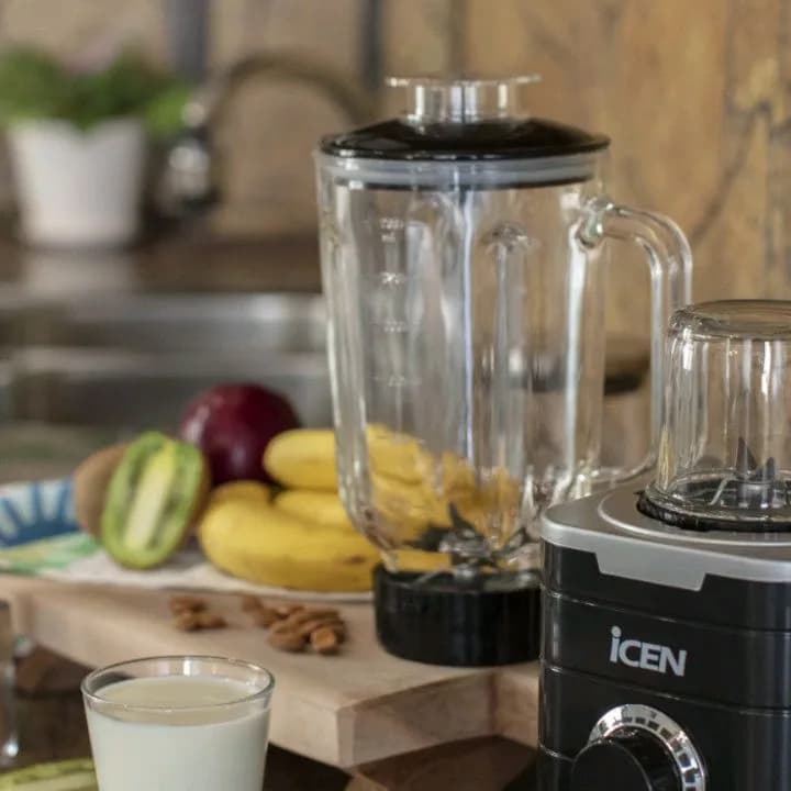 مخلوط‌کن با آسیاب آیسن، رنگ مشکی و شفاف، جنس پلاستیک و شیشه، پارچ شیشه‌ای، موتور مشکی