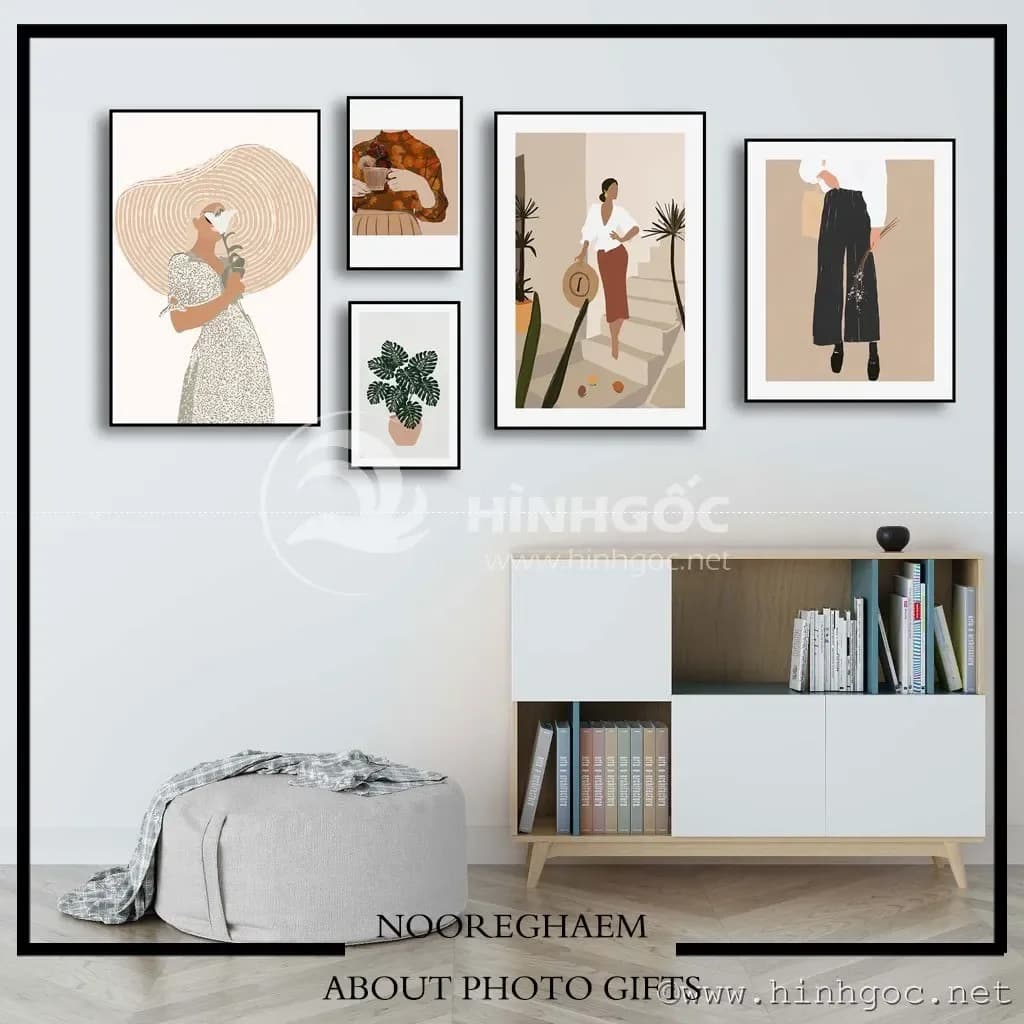 پکیج تابلو ۵ تیکه مینیمال، رنگ بژ، سیاه و سفید، جنس چوب و شیشه، چند تکه عمودی