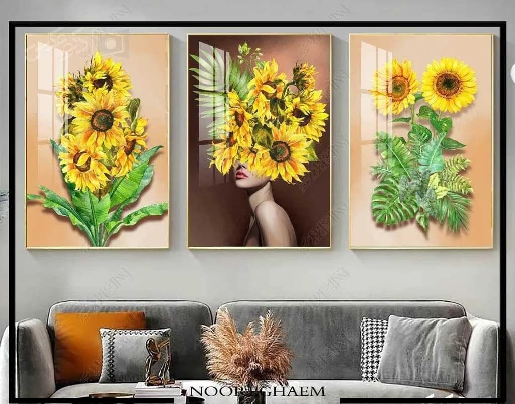 تابلو دکوراتیو دیواری، رنگ زرد، سبز و قهوهای، جنس شیشه و فلز، طرح گلدار، مستطیلی، سه تکه