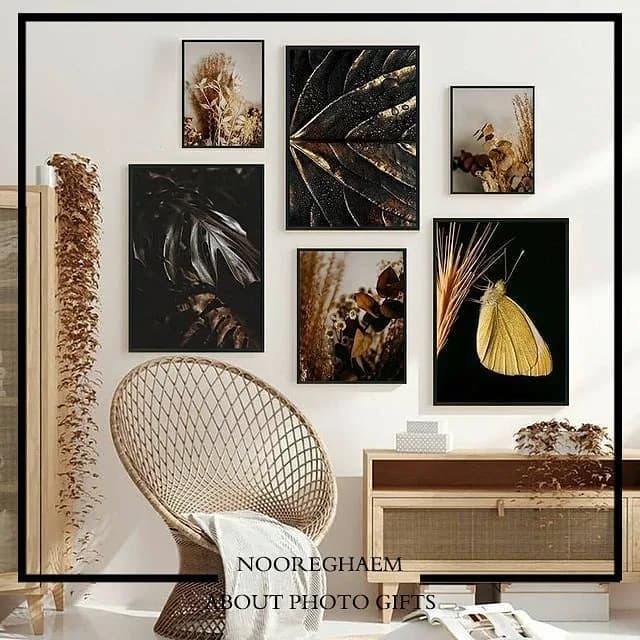 پکیج تابلو دکوراتیو پنج تکه، رنگ مشکی، طلایی و قهوه‌ای، جنس شیشه و چوب، مستطیلی