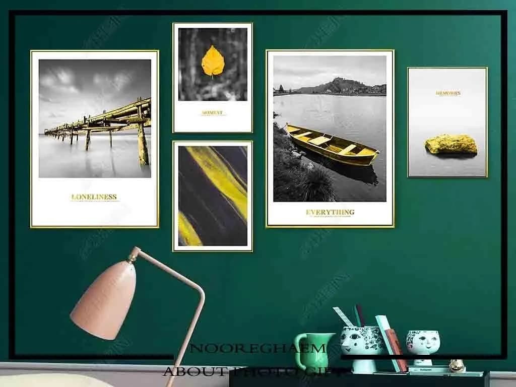 پکیج تابلو دکوراتیو تم زرد، رنگ سفید و مشکی، جنس شیشه و چوب، مستطیلی، ست چند تایی
