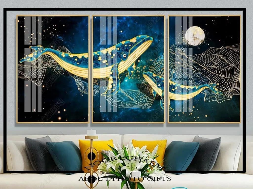 تابلو دکوراتیو سه تکه، رنگ آبی، طلایی و مشکی، جنس شیشه و فلز، مستطیلی، ست سه تایی