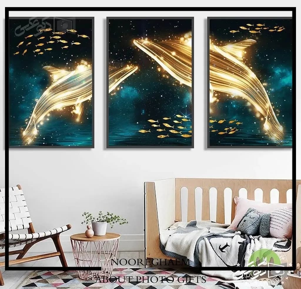 تابلو دکوراتیو سه بعدی، رنگ مشکی، طلایی و آبی، جنس شیشه و چوب، مستطیلی، قابدار
