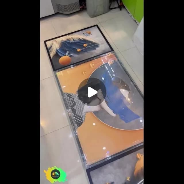 پکیج سه تایی تابلو دیواری، رنگ آبی، نارنجی و خاکستری، جنس شیشه، فلز و چوب، مستطیلی افقی