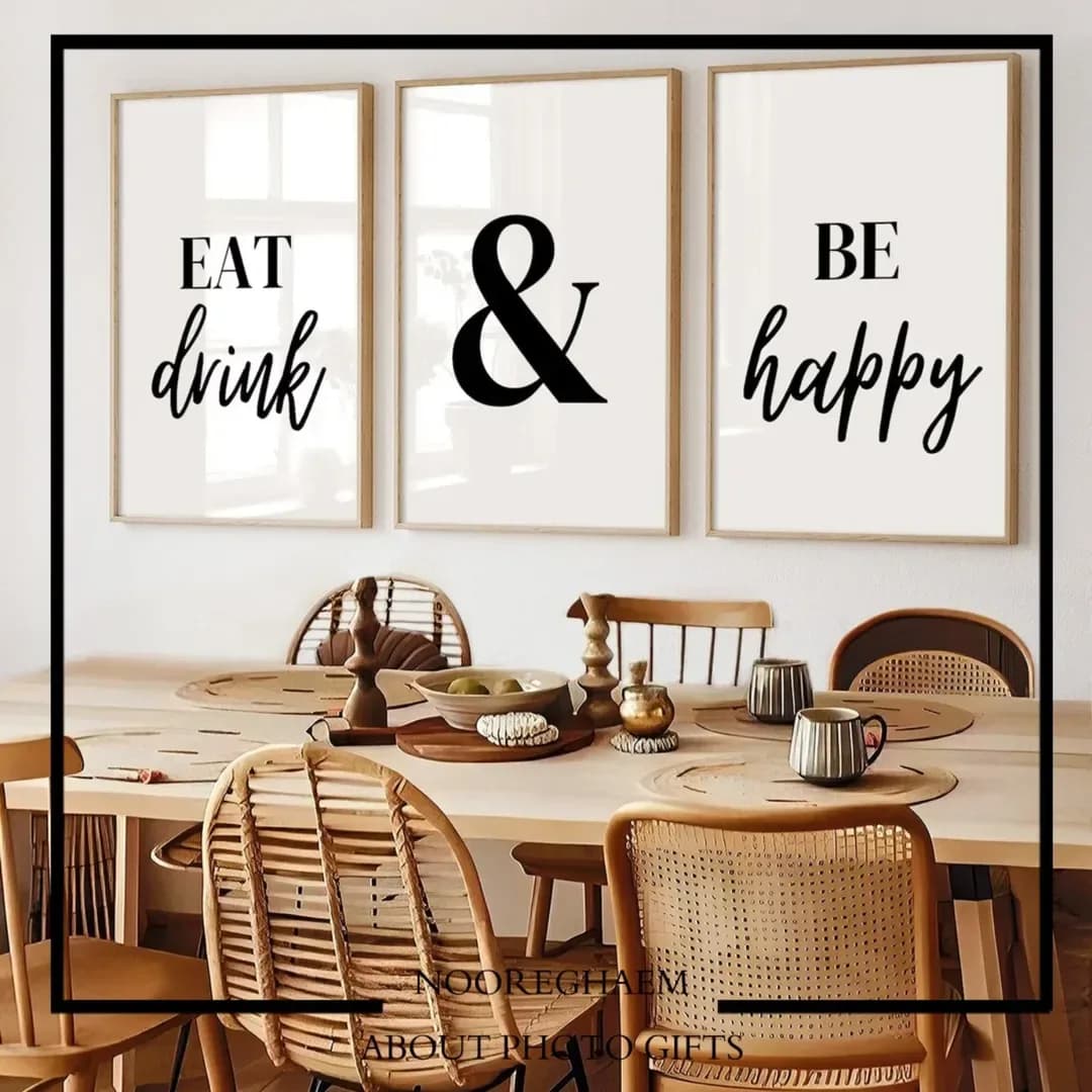 تابلو سه‌تکه Eat Drink Be Happy، رنگ سفید، سیاه و قهوه‌ای، جنس چوب، مستطیل دیواری سه تایی