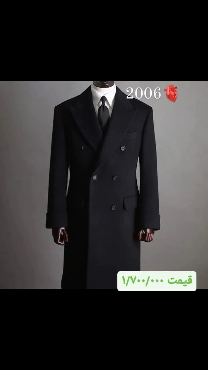 پالتو مردانه دبل برست، رنگ مشکی، بلند، یقه انگلیسی، آستین بلند، معمولی