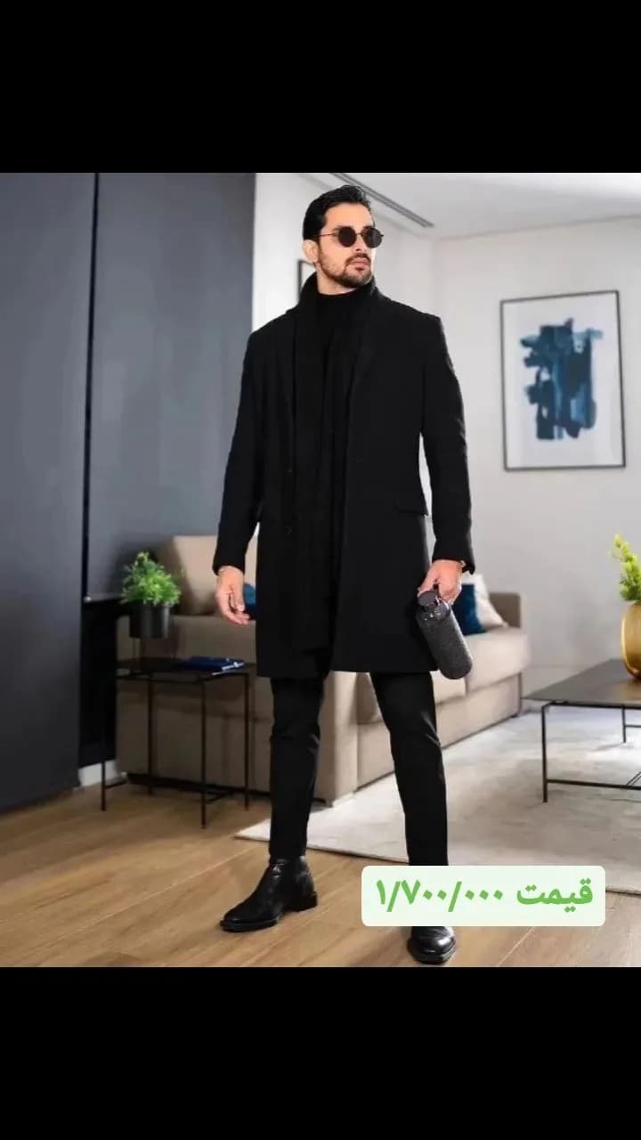پالتو مردانه، رنگ مشکی، بلند، یقه انگلیسی، راسته