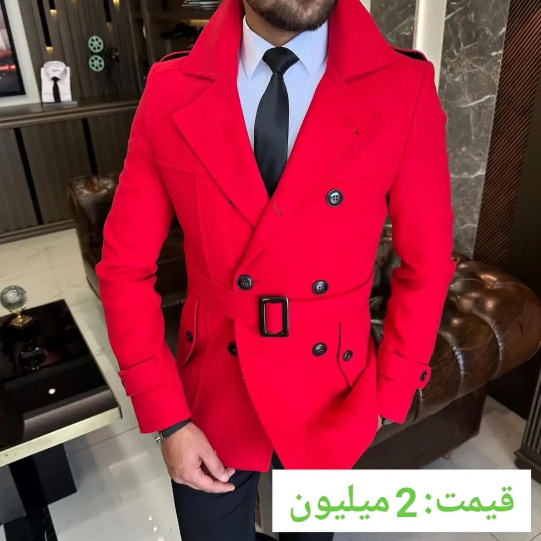 پالتو مردانه آیریس، رنگ قرمز، مشکی و سفید، جنس پشم، کوتاه، یقه انگلیسی، کمردار