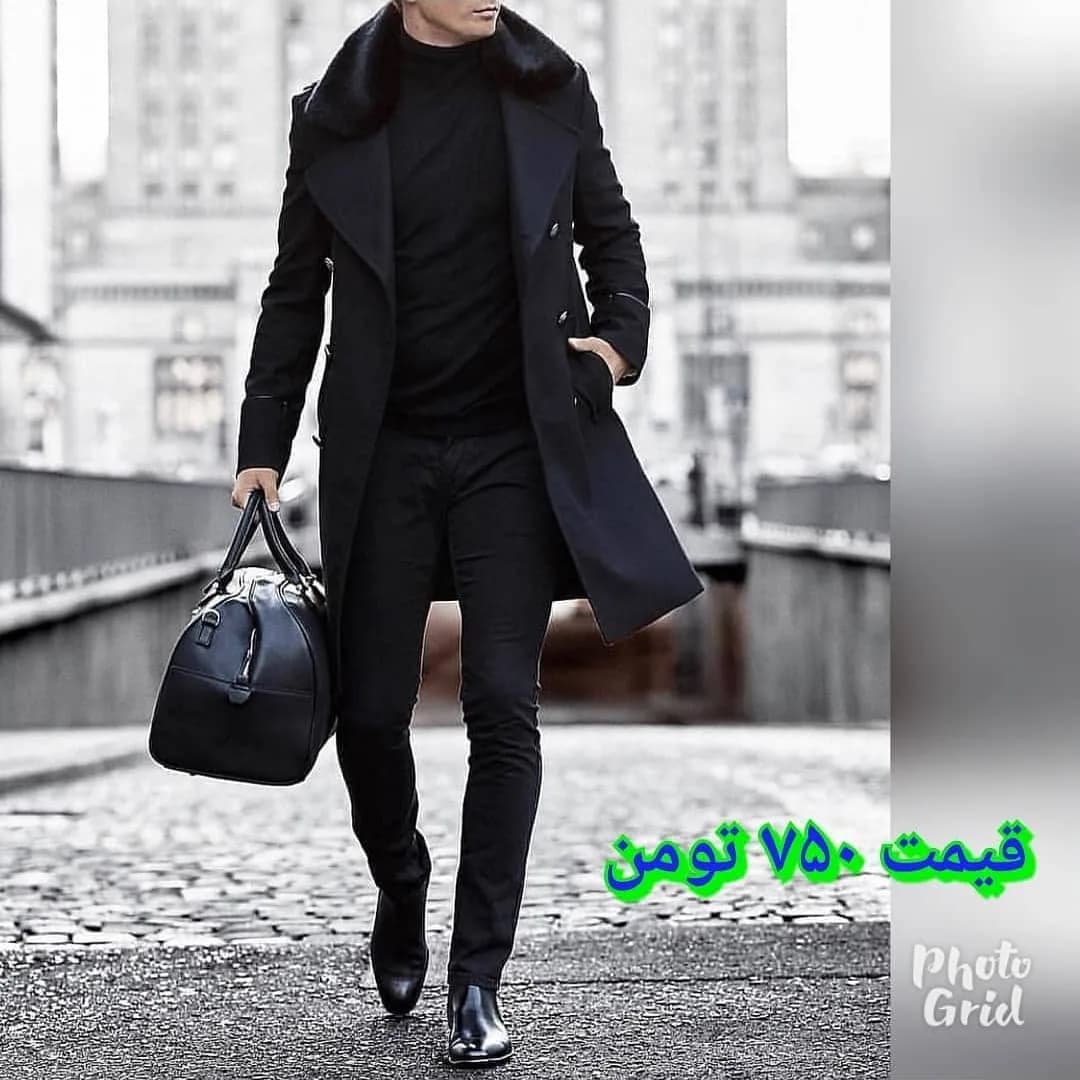 پالتو مردانه، رنگ مشکی، جنس چرم، بلند، یقه ایستاده، جذب
