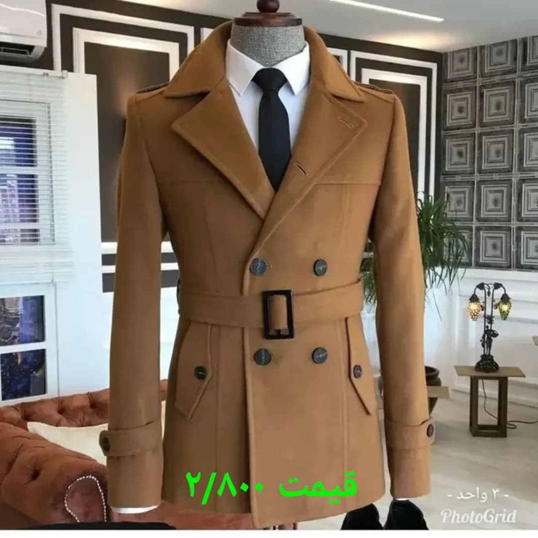 نیمپالتو، رنگ قهوهای شتری، بلند، کمربنددار، دکمه دوبل