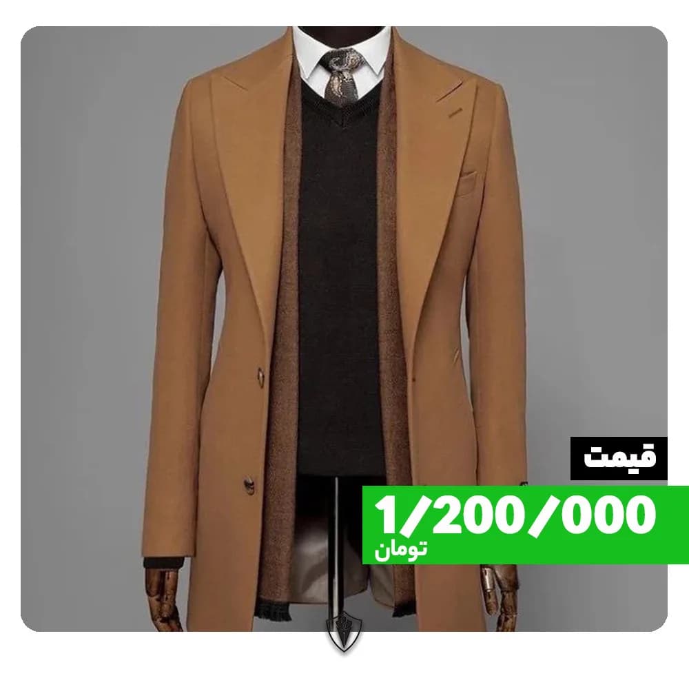 پالتو مردانه، رنگ شتری، جنس پشم، بلند، یقه انگلیسی، آستین بلند