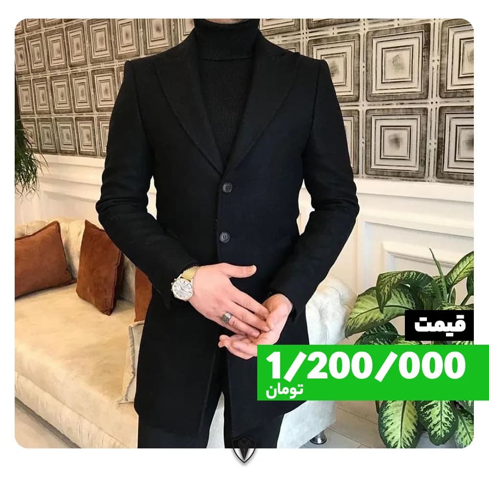 پالتو مردانه، رنگ مشکی، جنس پشم، بلند، یقه انگلیسی، آستین بلند