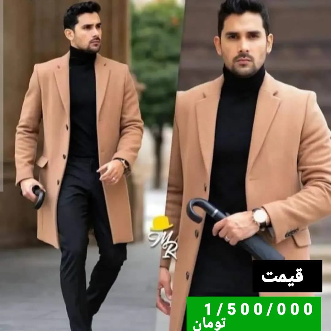 پالتو مردانه، رنگ شتری، بلند، تک دکمه، آستین بلند