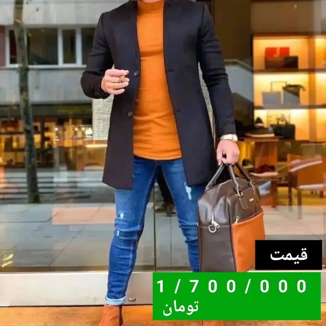 پالتو مردانه یقه آرشال، رنگ مشکی، بلند، یقه انگلیسی، آستین بلند، معمولی