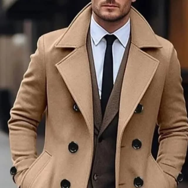 پالتو مردانه، رنگ شتری، بلند دکمهدار آستینبلند